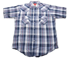 VTG 90s Plains Pearl Snap Western Shirt Men Med Short-Sleeve Blue Plaid Rodeo