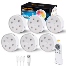 6-Pack EverBrite Puck Lights with Remote, Rechargeable 2000mAh Linked Sensor