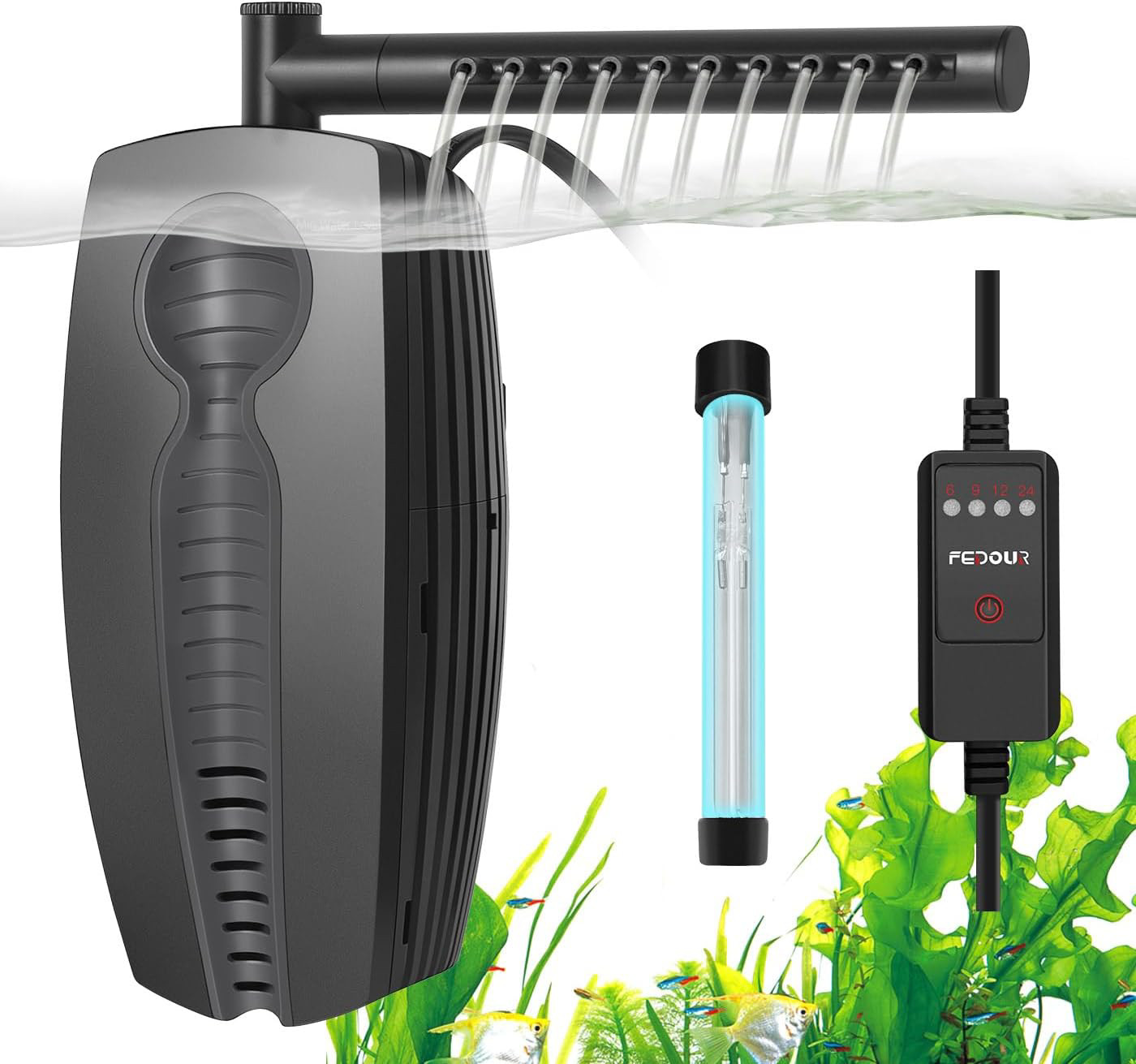 FEDOUR 165GPH Aquarium Filter U-V with Timer, 8W Adjustable Fish Tank Filter U-V