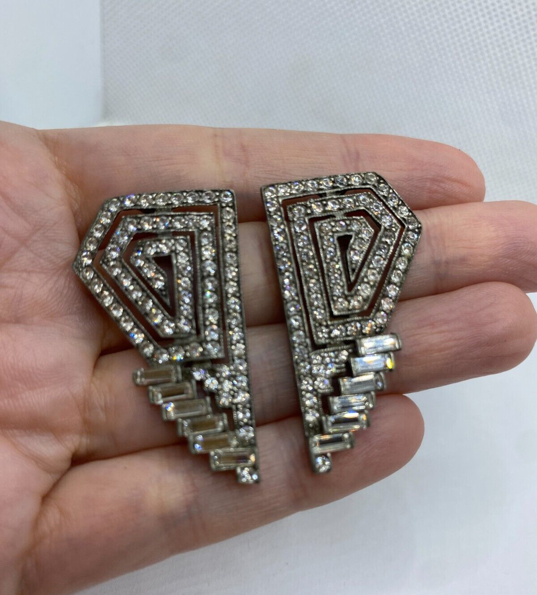 Ben Amun Art Deco Crystal Earrings Geometric Pierced Silver Tone Clear Crystals