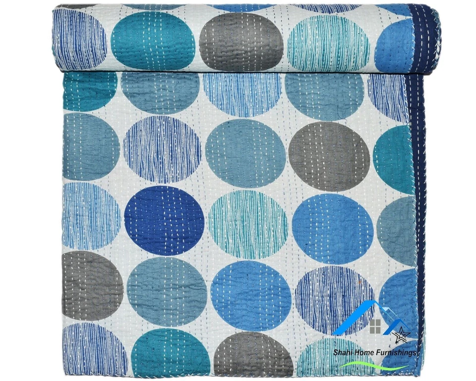 Cotton Kantha Quilt Indian Bedspread King Size Blanket Blue Gudari Indoor Ralli - Image 2 of 4