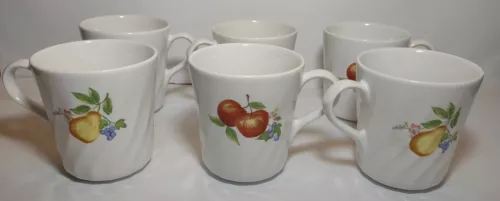 Set of 6 Corelle Corning Chutney Swirl Fruit Coffee Mugs Cups Pear Apple