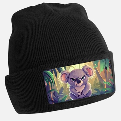 Unisex Cotton Angry Koala Print Black Beanie Hat