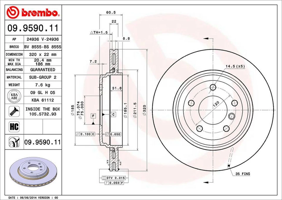Rotor de freio a disco traseiro Brembo 09.9590.11 320mm para 2001-2006 BMW 330Ci - Imagem 2 de 3