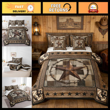 King Size Rustic Western Star Comforter Set, Cowhide Patchwork Bedding, 7 Pieces