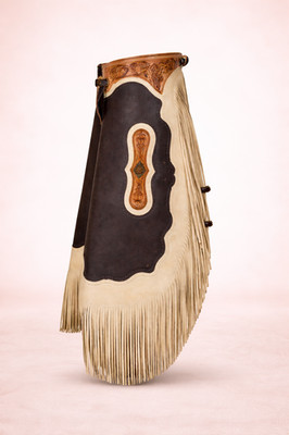 Western Leather Chaps Cowboy Rodeo Fringed Chaps Brown Cream Tooled Leather