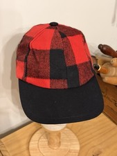 Vintage Red Black Buffalo Plaid Wool Hunting Cap USA Made Stretch Fit Hat OSFA
