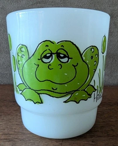 Vintage Anchor Hocking Fire King Hildi Green Frog Mug Cup 8 Oz Milk Glass