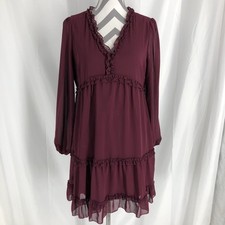 Andree By Unit  Womens Wine Babydoll Long Sleve Mini Dress Lined Medium
