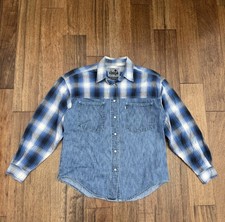 Levi Strauss Co Silver Tab Mens Medium Denim Plaid Western Shirt Pearl Snap