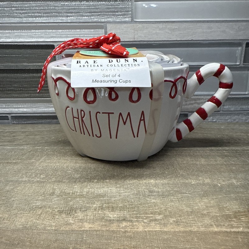 New Set Of 4 Christmas White With Red Ceramic Measuring Cups Rae Dunn With Tag