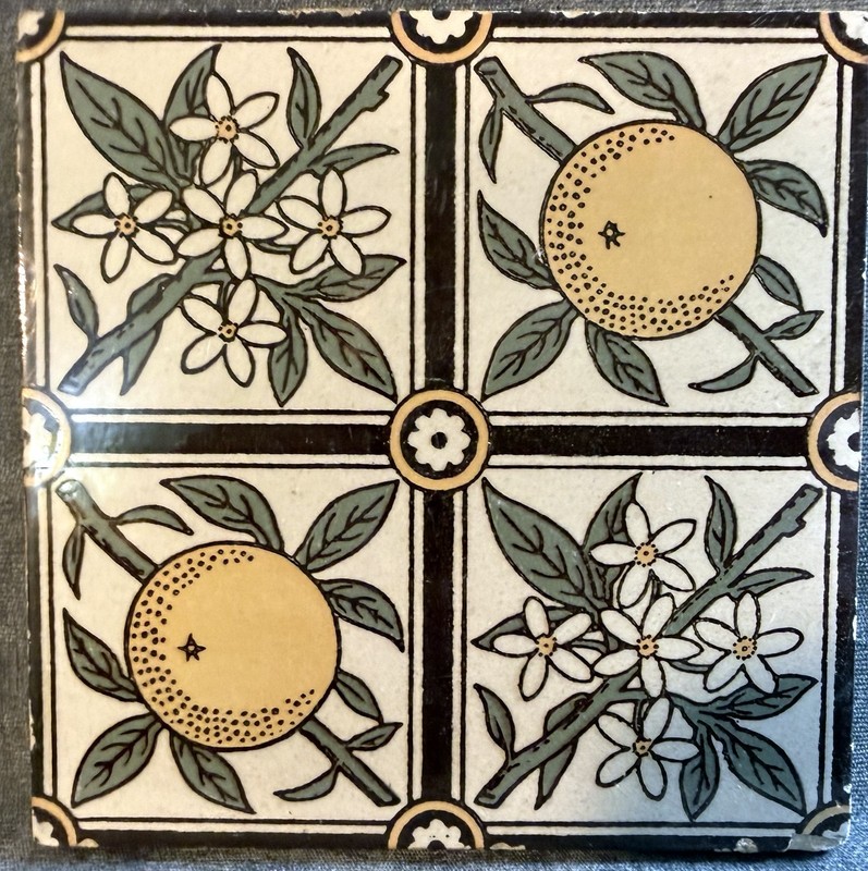 Minton China Works Aesthetic “Orange & Orange Blossom” Blossom” Tile 1880
