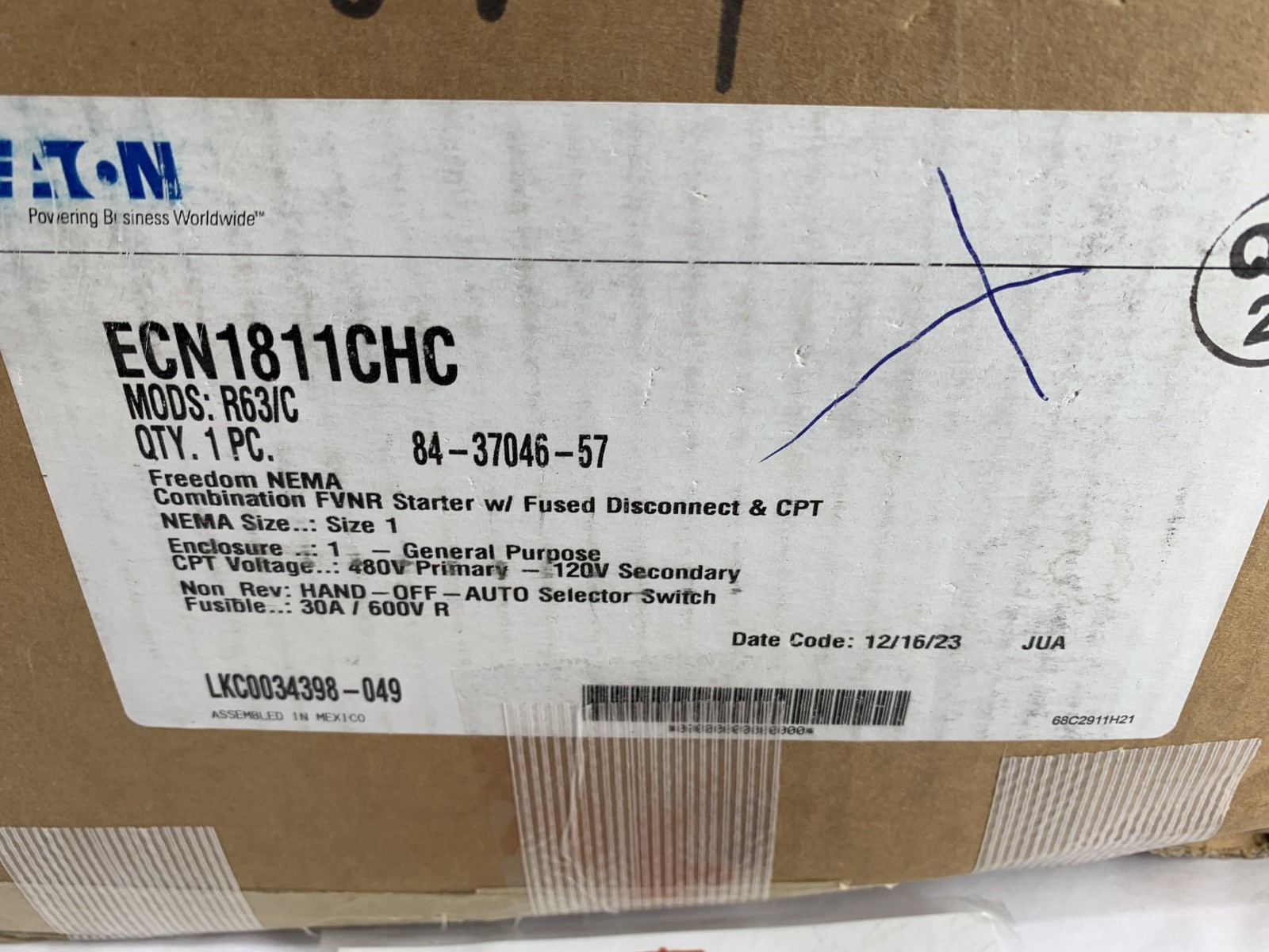 Eaton ECN1811CHC Freedom Non-Reversing Combination Starter NEMA 1 30A 460V/60 Hz