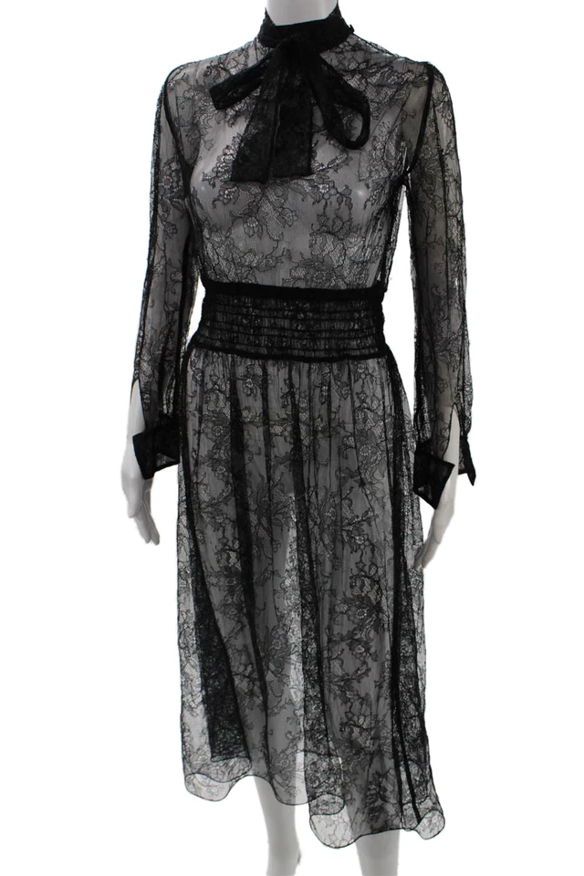 Prada женщин Midi платье черный высокий воротник длинным рукавом шерсти шелк размер 42 - Изображение 2 из 4