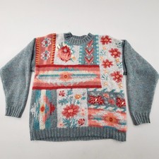 VINTAGE 90s Eddie Bauer Sweater Womens Sz M Wool Floral Grandma Patchwork Grey