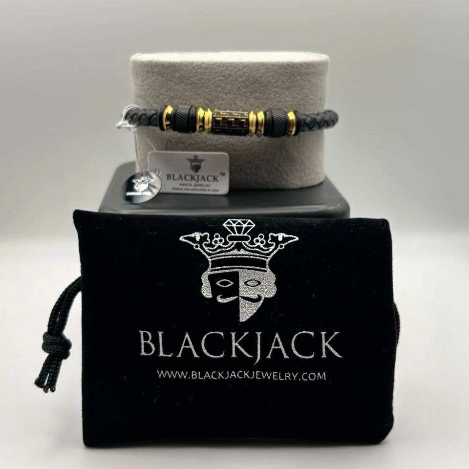 Blackjack BJB210G Mens Black Leather Gold Plated Steel Carbon Fiber Bracelet NWT - Image 2 of 4