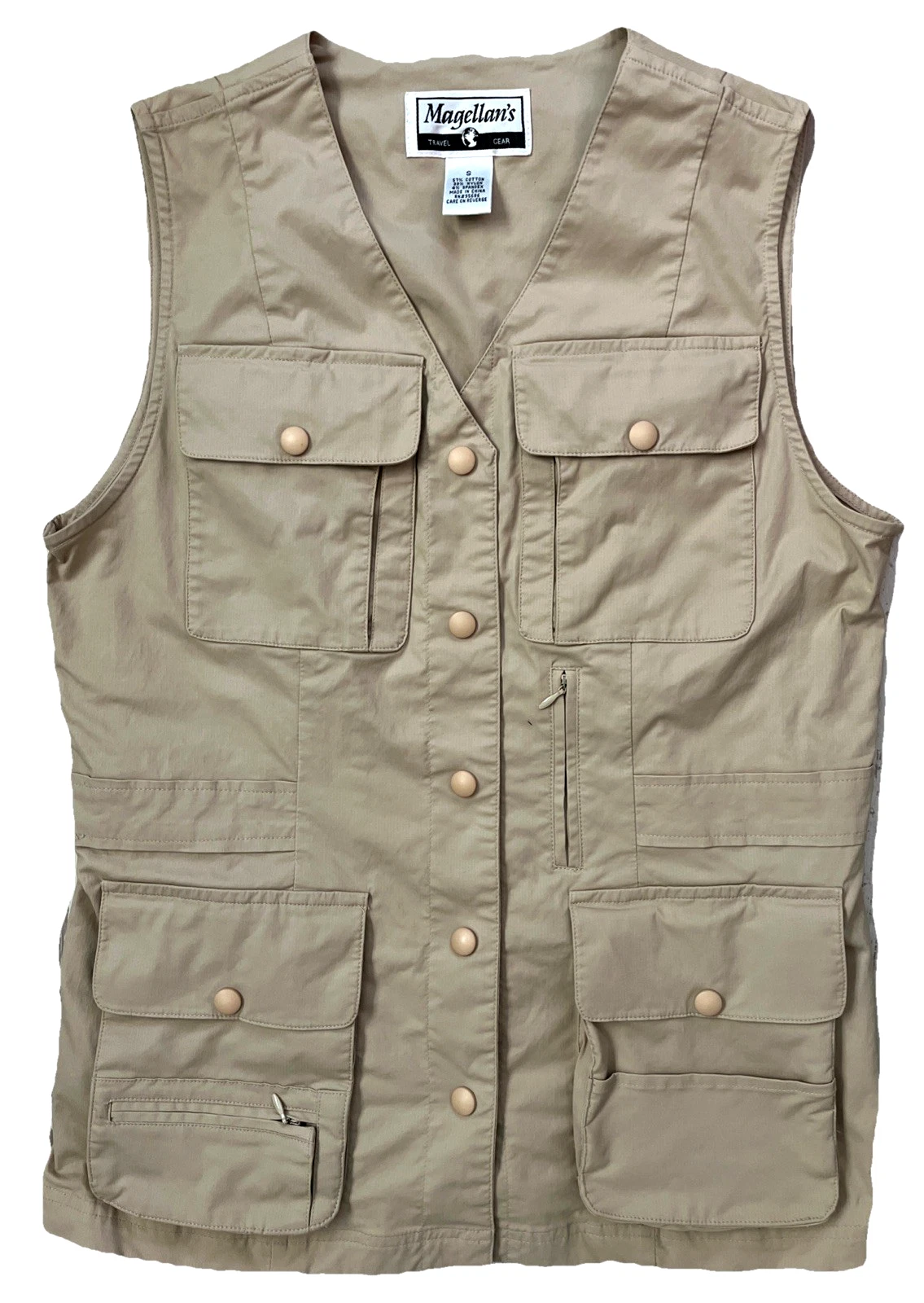 Magellans Fishing Vest Travel Gear Khaki SZ S 95686 15 Pockets Snaps V Neck