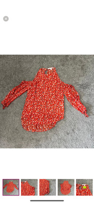 Veronica Beard Blouse Womens 4 Red Floral Silk Piper Shaw Cold Shoulder Top Tie