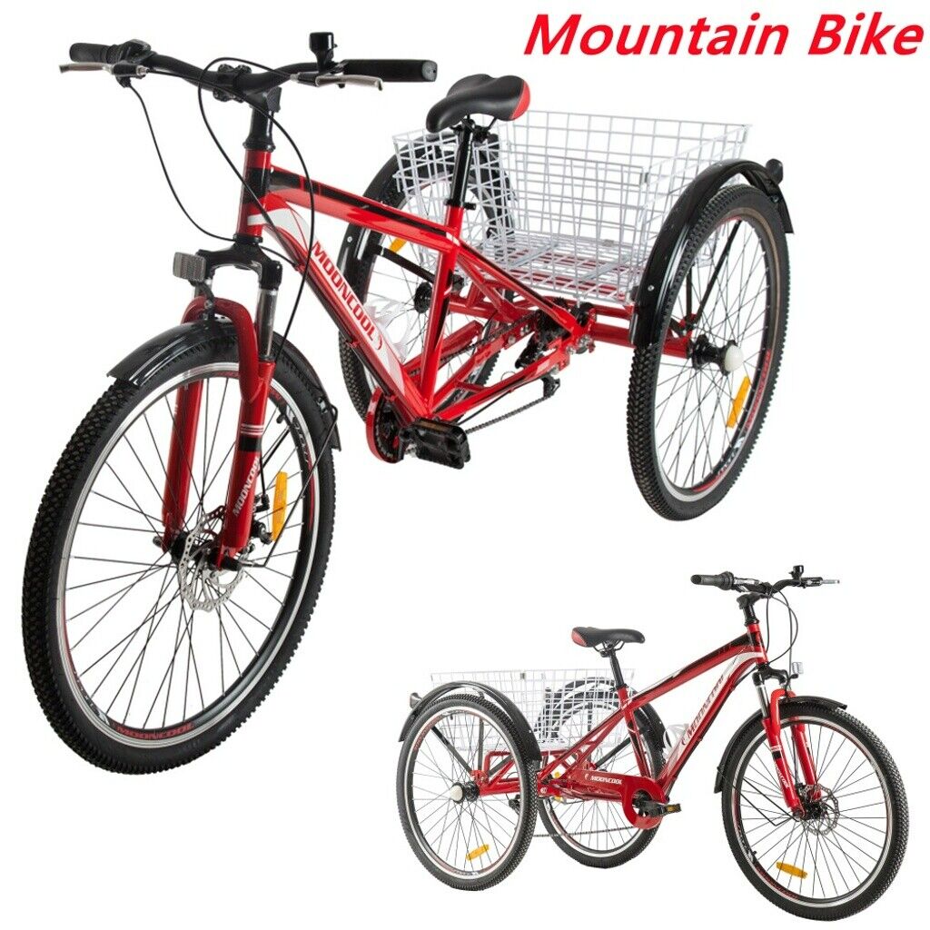 Adult Mountain Bike Front Suspension 7Speed Tricycle MTB 26" Trike Red w/ Basket