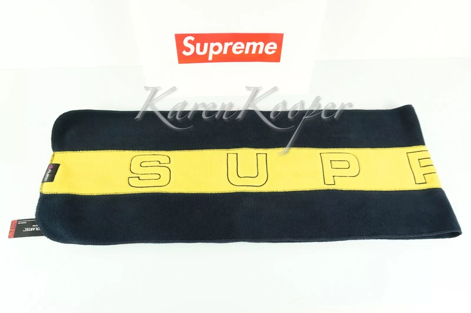 AUTHENTIQUE ÉCHARPE SUPREME POLARTEC ® BLEU MARINE / JAUNE FW18 NEUF AVEC ÉTIQUETTES SCELLÉES