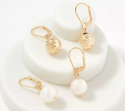 Set of Two Diamond Cut Ball Pearl Earrings Leverback REAL 14K Yellow Gold  QVC