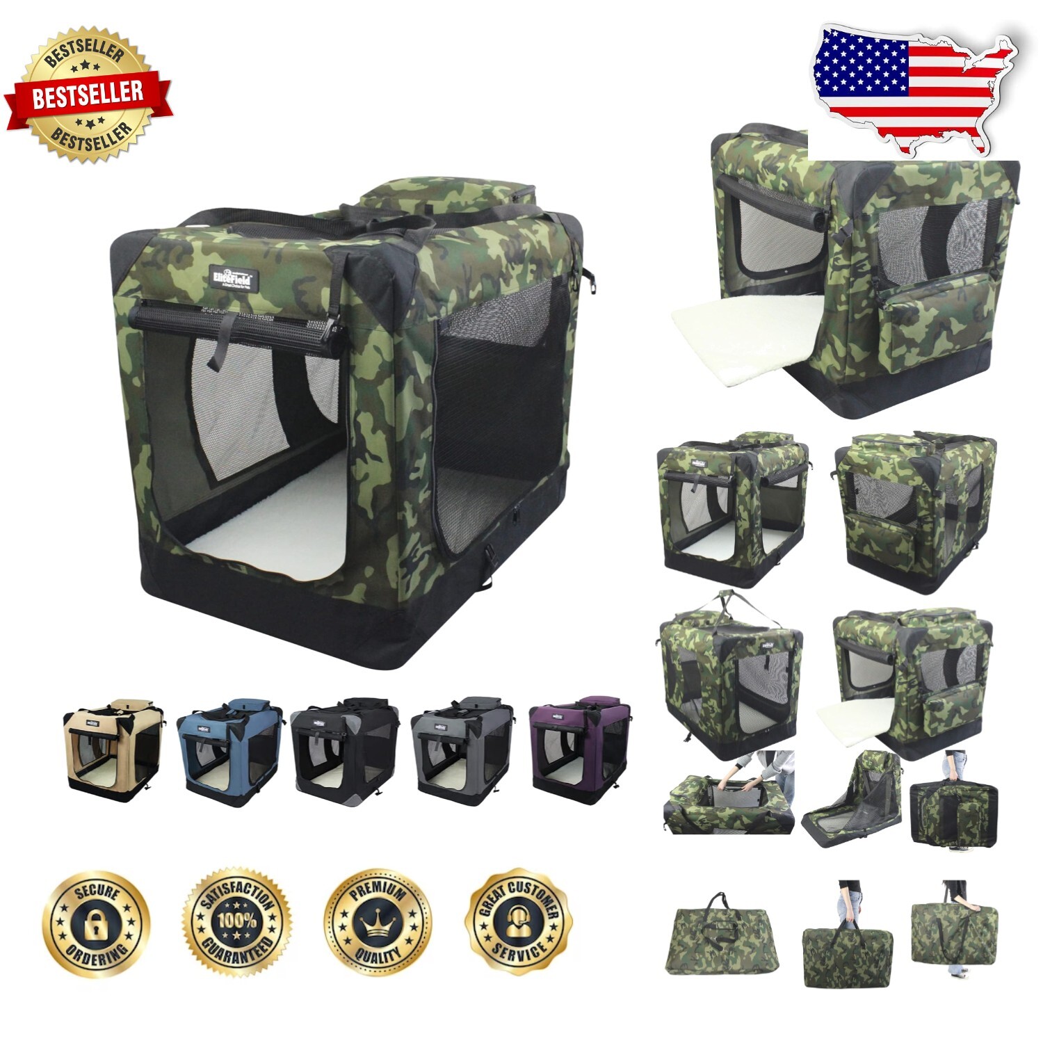 Compact 3-Door Dog Crate with Carry Bag - Comfortable Camo Pet Home 20