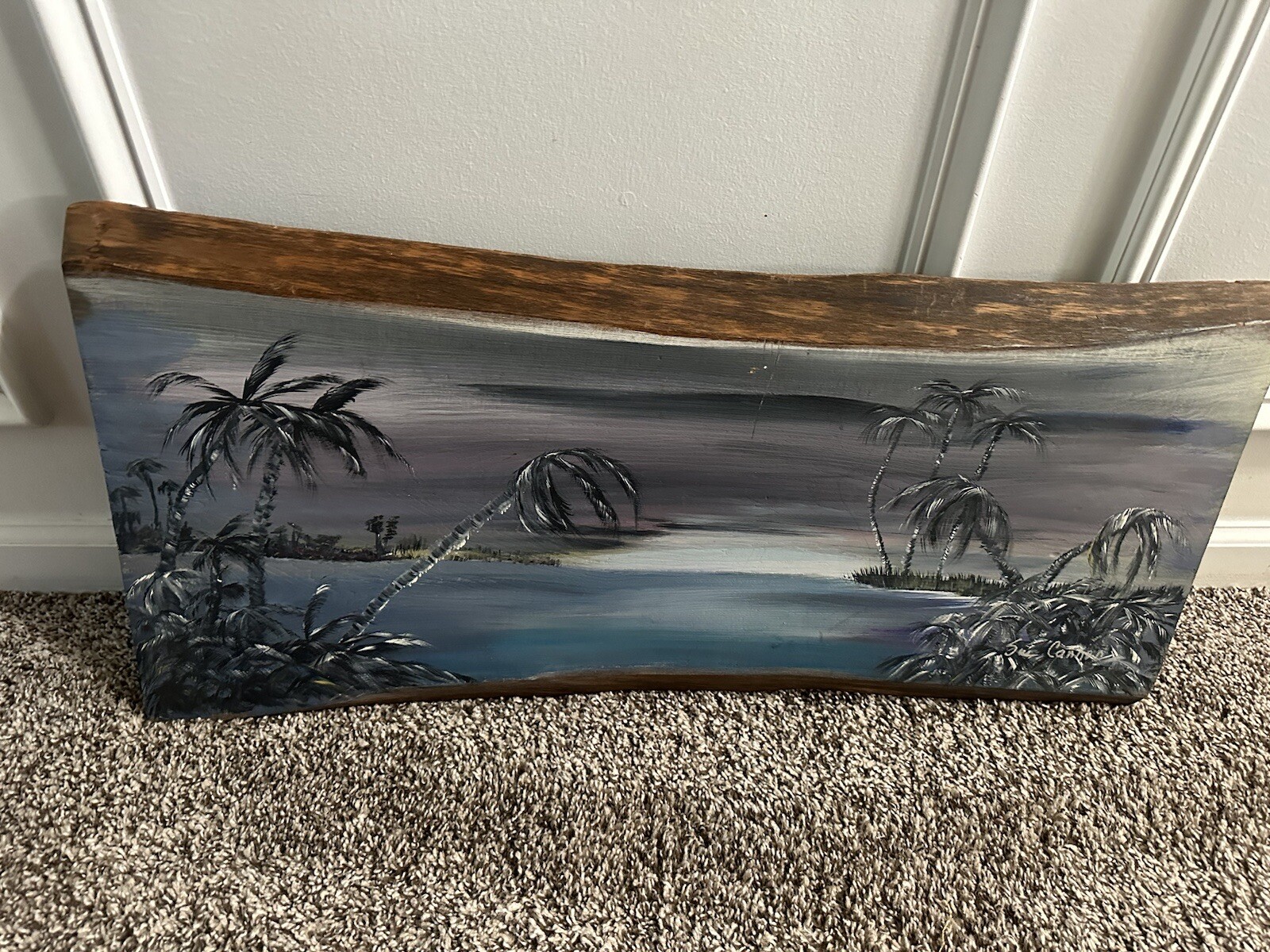 Pintura de cañón Sue sobre madera recuperada lago playa decoración palmeras