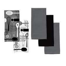 Kitchen Towels Set of 5 Terry Dishtowels 15 x 25 Utensils Black Grey White