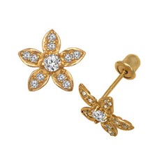 14k Yellow or White Gold CZ Flower Birthstone Stud Screw Back Earrings
