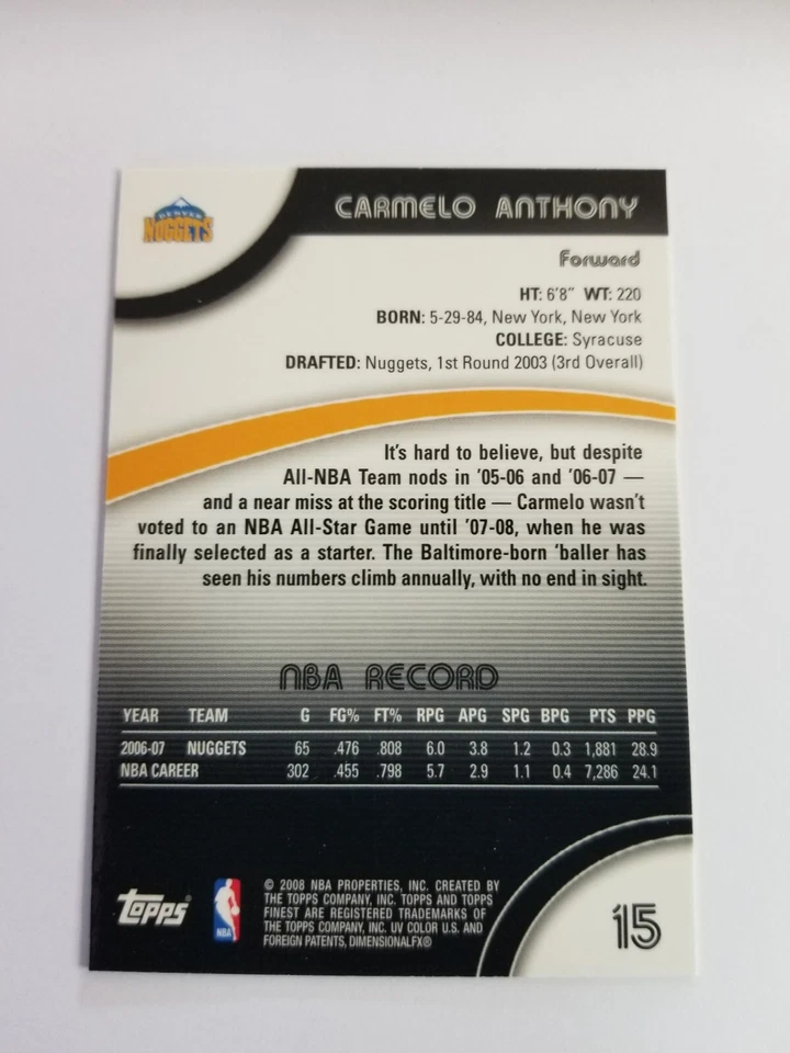 CARMELO ANTHONY 2007-08 TOPPS FINEST BASKETBALL #15 NUGGETS KNICKS QTY - Image 2 of 2