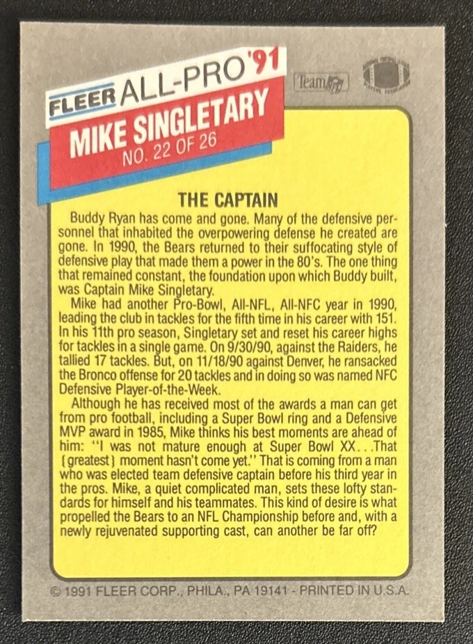 1991 Fleer All-Pro Mike Singletary “The Captain” Football Card Insert #22 VG O/C - Image 2 of 2