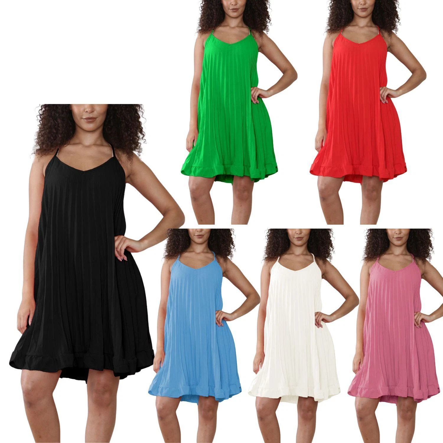 Robe balançoire femme à col en V plissé italien port décontracté haut sans manches uni