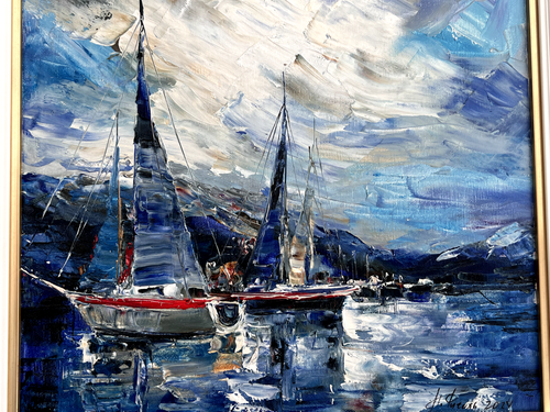 Original Framed Oil Painting Marine Sea Yachts Boats Seaside Sky Bay Ukraine Art - Picture 16 of 21