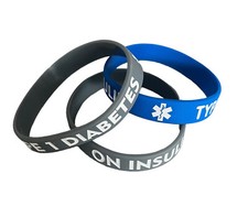 LOT OF 3 Youth Small Adult Medical Alert ID - DIABETES TYPE 1 Silicone Bracelets