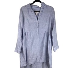 Halston Linen Shift Dress Lt Blue Oversized High Low Chambray LS MOP Button Sm