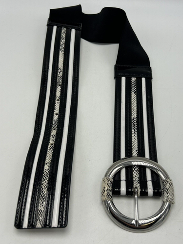 Statement Belt Womens XS Wide Black White Stretch Back Leather 26-29 Snake Print