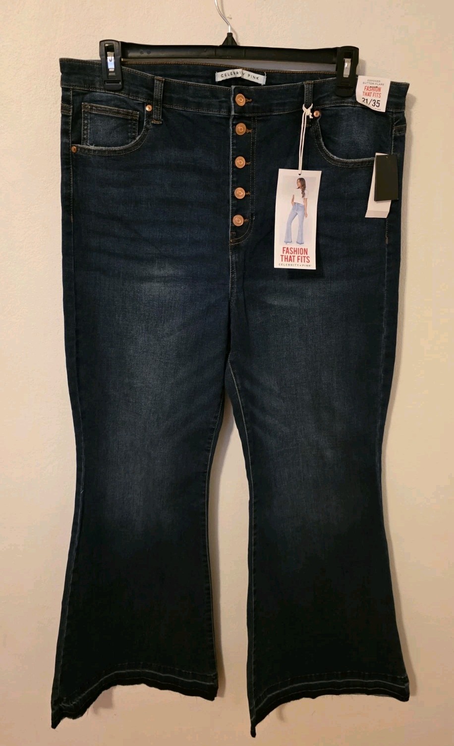 NWT Celebrity Pink Fashion That Fits Exposed Button Flare Dark Blue Jeans Sz 21