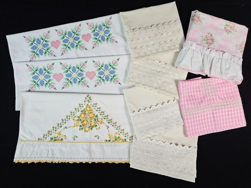 9 Pillowcases Floral Handmade Embroidery Eyelet Trim Pillow Cases Vintage