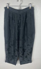 Citron Santa Monica 100% Silk Black Crop Flat Front Cropped Pants Asian Size M