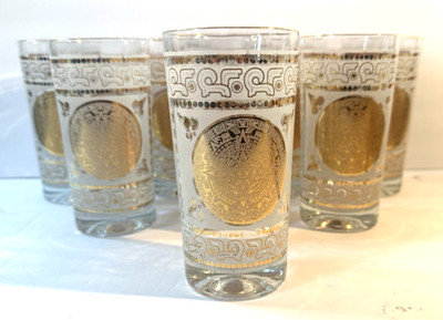 Vintage Mid Century Hazel Atlas 22K Gold Aztec Medallion Frosted Highball Set 8