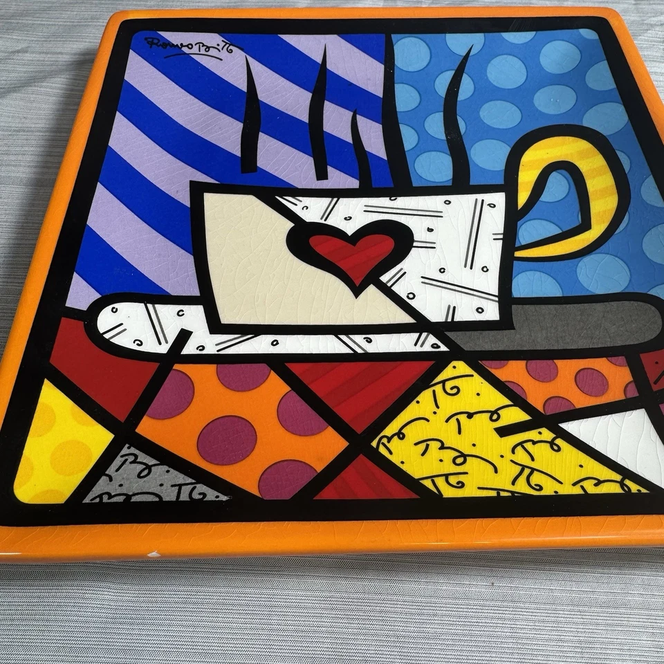 Romero Britto Ceramic Side Plate Trivet Latte Love 8 X 8 Inch 2008 - Image 2 of 4