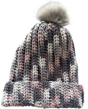 Crochet Ribbed Beanie With Faux Fur Pom Pom - Adult Size Mulberry Mix