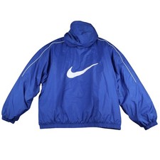 VINTAGE 90s Nike Men's Blue Hooded Windbreaker Puff Jacket Large Swoosh Logo XL