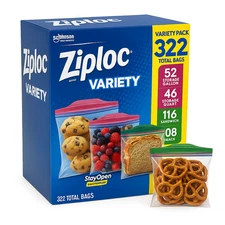 Ziploc 322 Count Variety Pack | Gallon, Quart, Sandwich, Snack Bags
