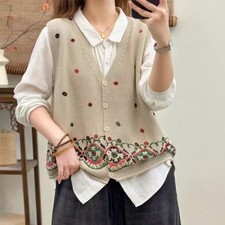 Gilet Etno Donna Maglia Cardigan Canottiera Jumper Bottoni Retro Taglio V