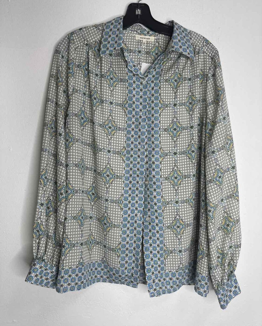 Max Studio Women’s L Geometric Button-Up Blouse Long Sleeve Blue/White