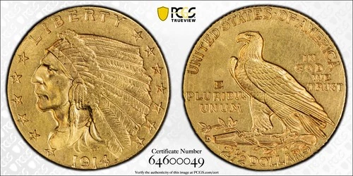 PCGS MS-61 1914-D INDIAN HEAD GOLD 2.5 QUARTER EAGLE. Nice CHOICE example