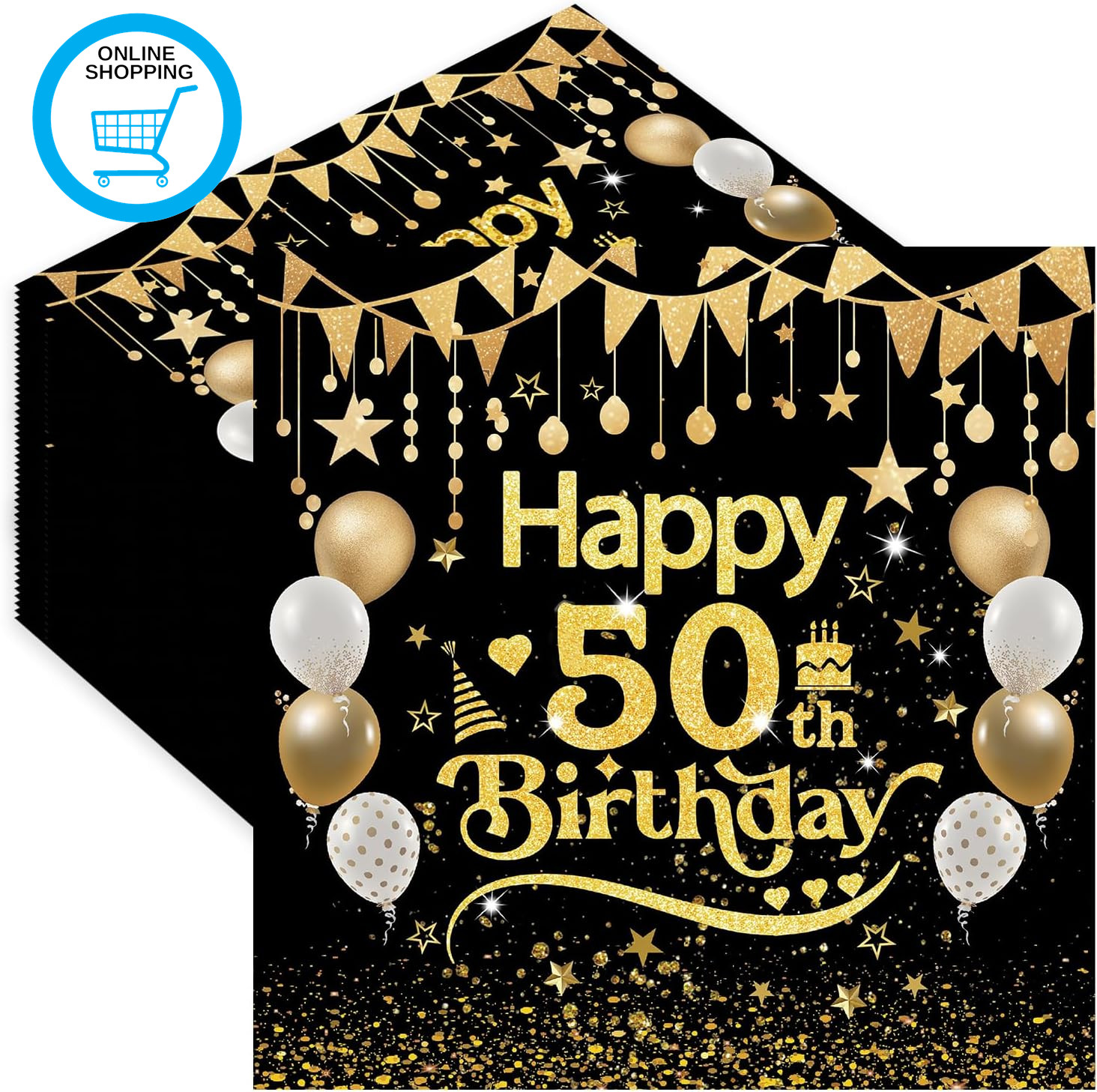50Pcs Black Gold 50Th Birthday Paper Napkins,50Th Disposable Paper Birthday Napk