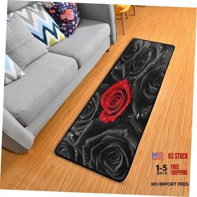 Rose Runner Rug, Red Floor Mat Non-Skid Kitchen Rug Soft Area Rug Black Rose