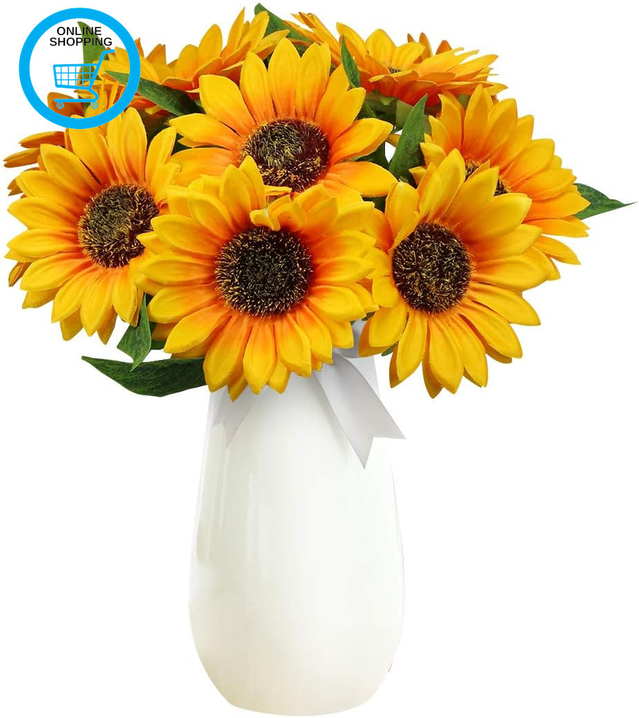 10Pcs Artificial Sunflowers Single Stem Fake Silk Flowers for Flora Arrangement